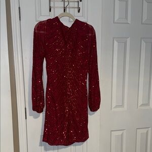 Elegant Long Sleeve Red Sequin Dress